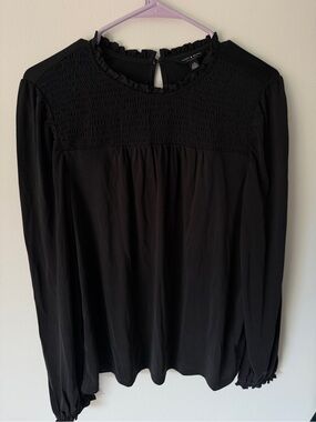 Lucky Brand Black Smocked Yoke Long Sleeve Blouse
